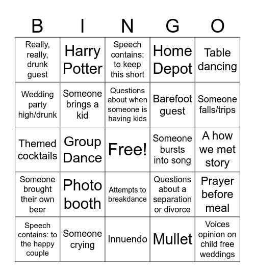 Wedding Bingo Card