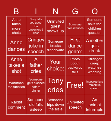 Annetonio’s Wedding Bingo Card