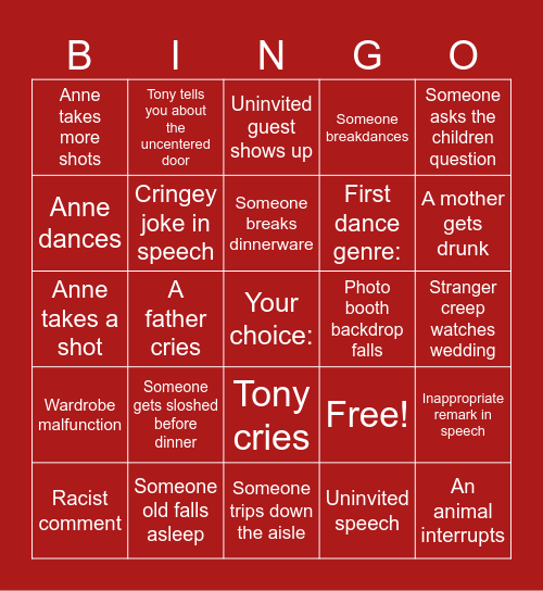 Annetonio’s Wedding Bingo Card