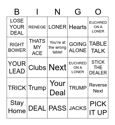 euchre Bingo Card