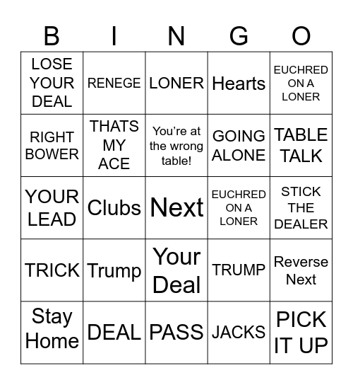 euchre Bingo Card