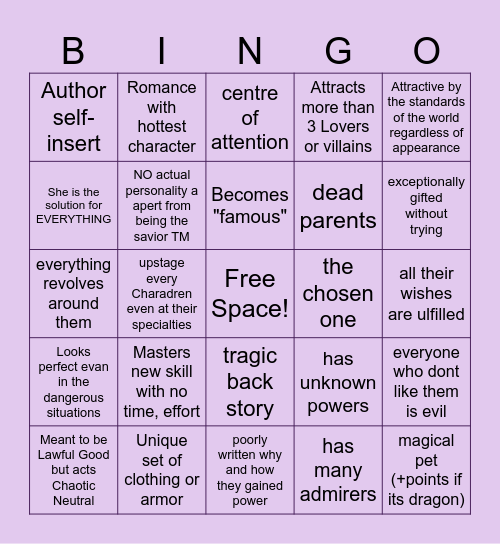 Mary Sue/Gary Stu Bingo Card