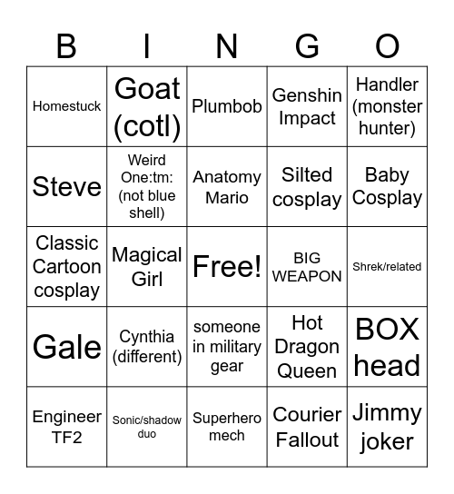 Com Cosplay Bingo Card