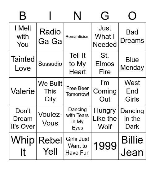 zNura's 80's Pop Bingo Card