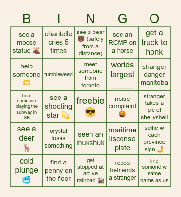Cross Canada Roadtrip Bingo Card