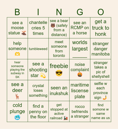 Cross Canada Roadtrip Bingo Card