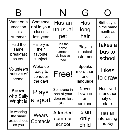 High School Classmate Bingo Card