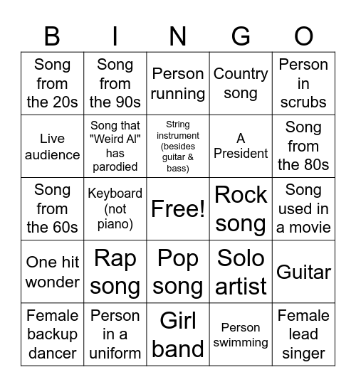 Music Video Bingo Card