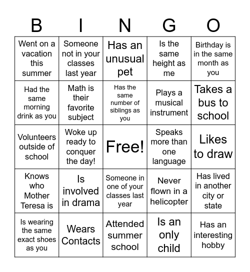 High School Classmate Bingo Card