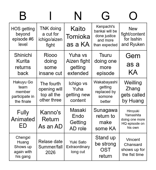 Bleach Cour 4 - Production Bingo Card