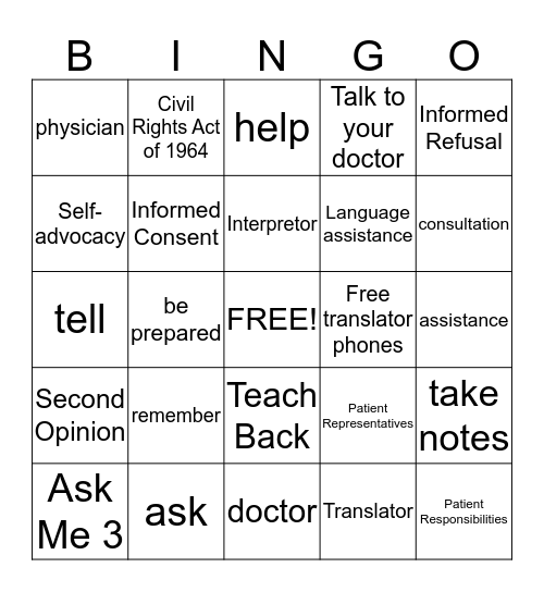 Be Your Own Advocate Bingo Card