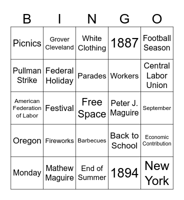 Labor Day Bingo Card