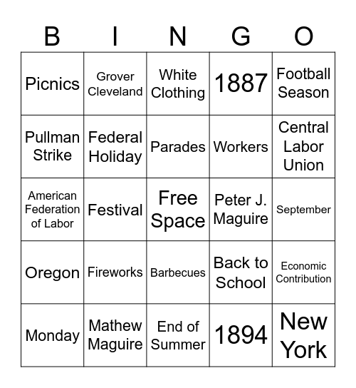 Labor Day Bingo Card
