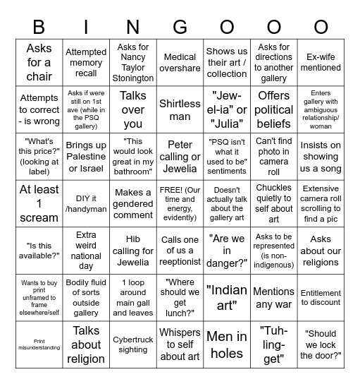 Us Getting Accosted Bingo Card