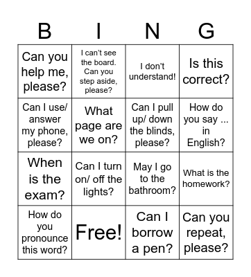 Classroom Language Bingo Card