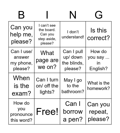 Classroom Language Bingo Card