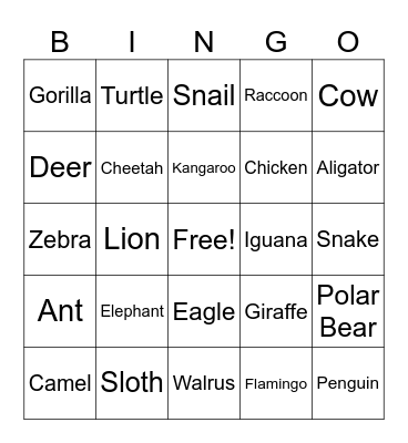 Animals Bingo Card