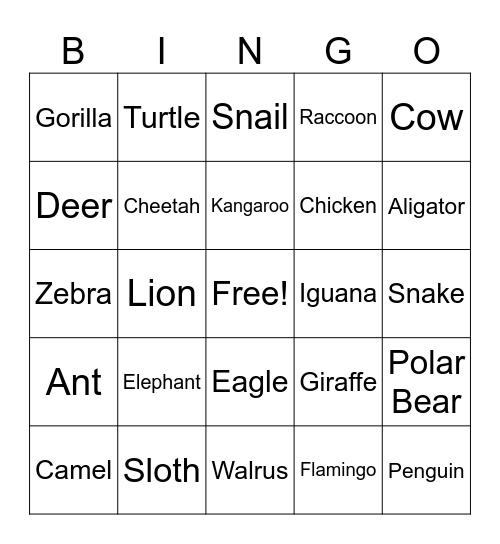 Animals Bingo Card