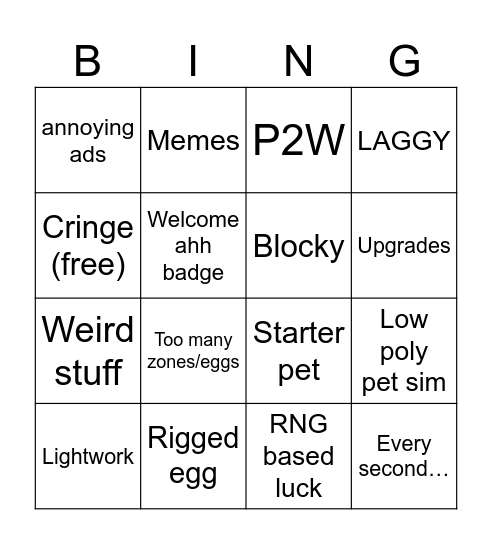 Roblox simulator bingo Card
