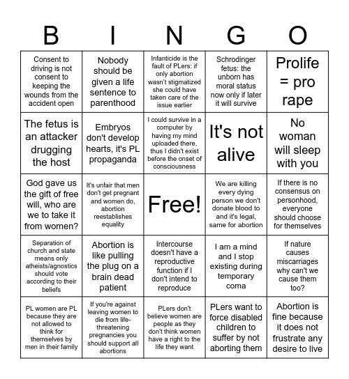 Pro-choice Bingo Card