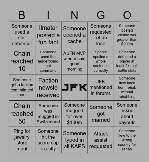 JFK BINGO Card