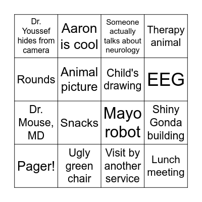 Mayo Peds Neuro Bingo Card