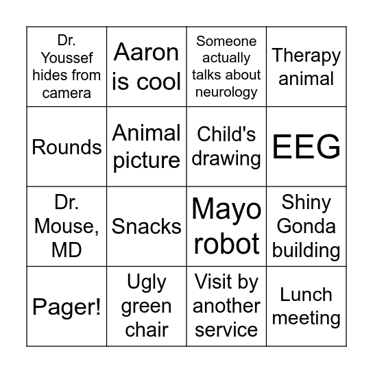 Mayo Peds Neuro Bingo Card