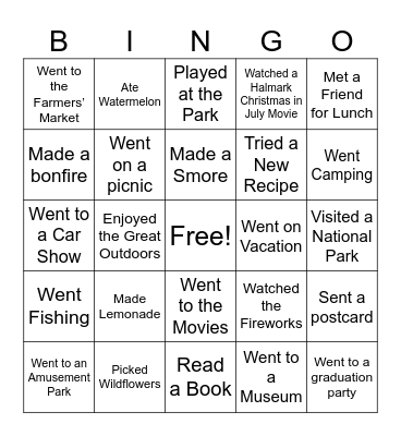 End of Summer Bingo Card