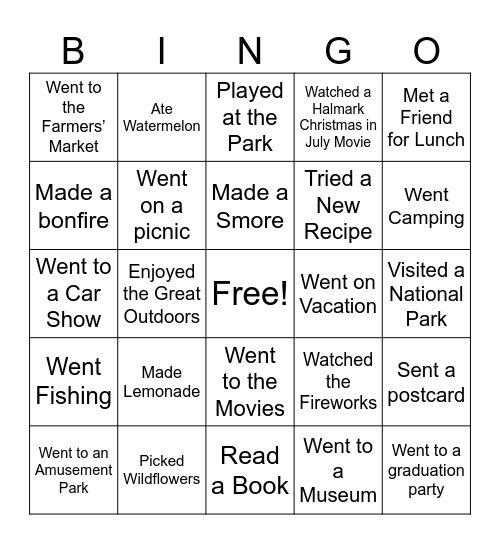 End of Summer Bingo Card