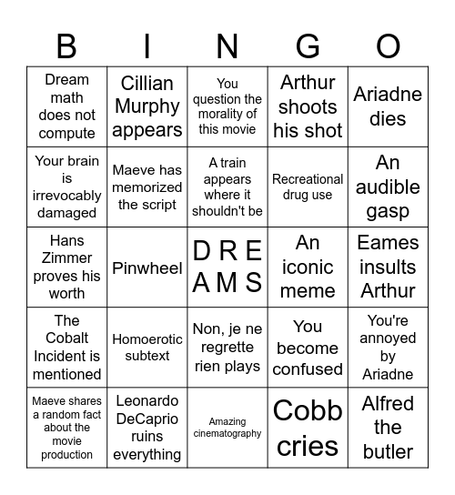 INCEPTION Bingo Card