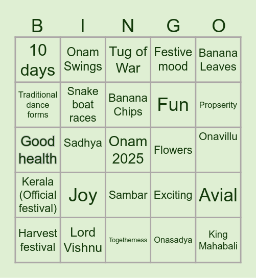 Onam 2020 Bingo Card