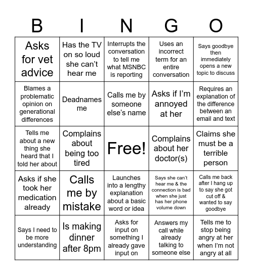 The Mom Card — Phone Call Edition Bingo Card