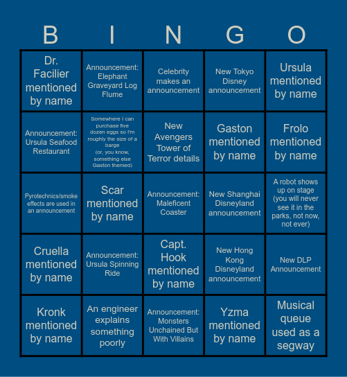 Destination D23 Bingo 2025 - Villains and Global Panels Edition Bingo Card