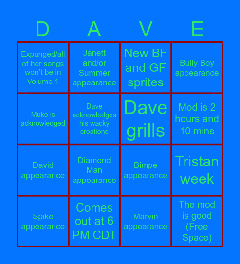 Dave and Bambi bingo Card