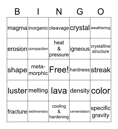Rocks & Minerals Bingo Card