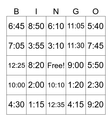 What time is it? Bingo Card