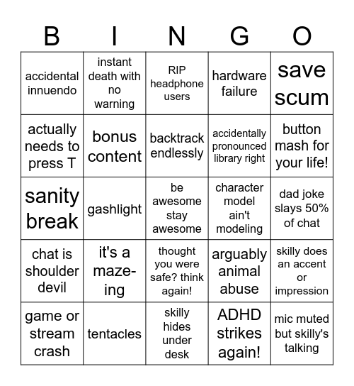 SkillyMcFilly Stream Bingo Card