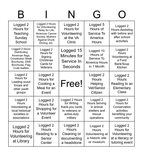 Logging Service To America Hours Bingo Card