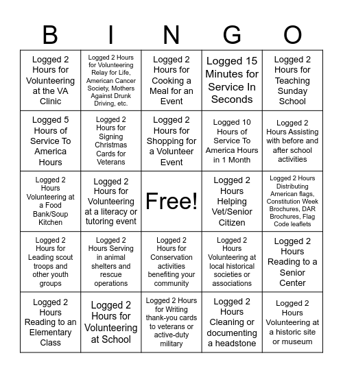Logging Service To America Hours Bingo Card