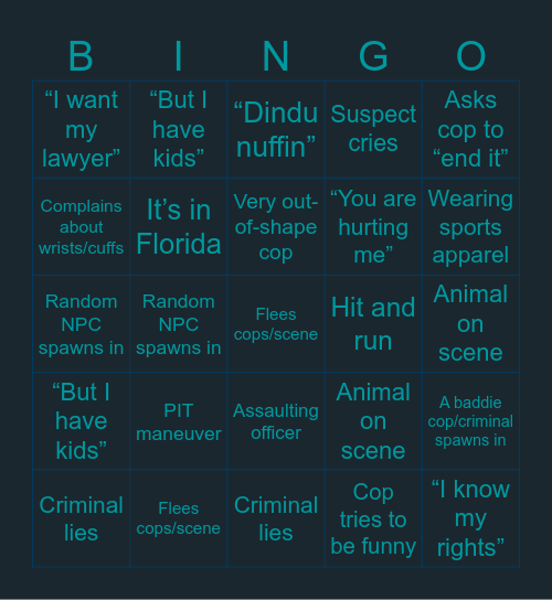 Cop Slop Bingo Card