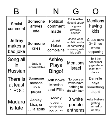 Emily Wedding Bingo Card