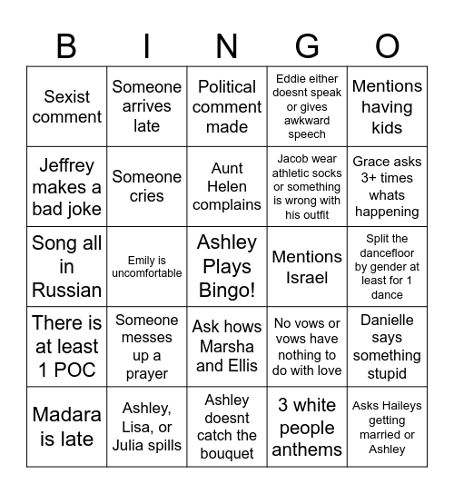 Emily Wedding Bingo Card