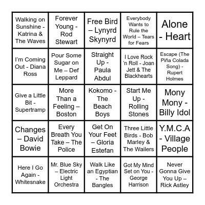 70s & 80s Musical Bingo Card