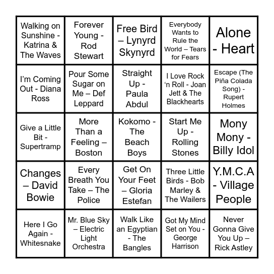 70s & 80s Musical Bingo Card