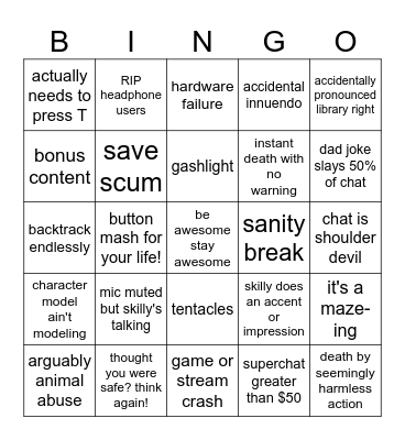 SkillyMcFilly Stream Bingo Card