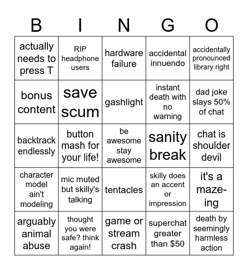 SkillyMcFilly Stream Bingo Card