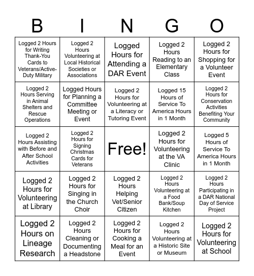 Logging Service To America Hours 2 Bingo Card