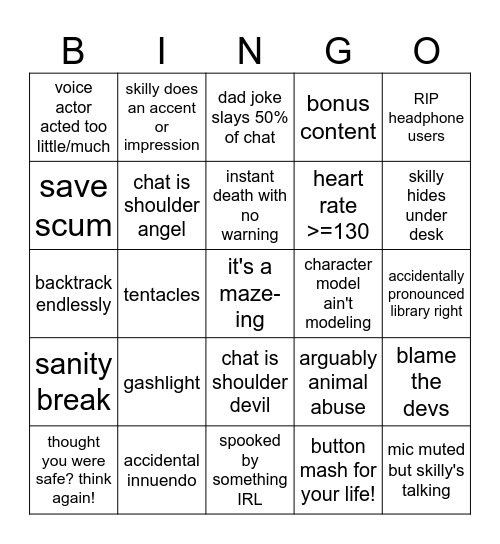 SkillyMcFilly Stream Bingo Card