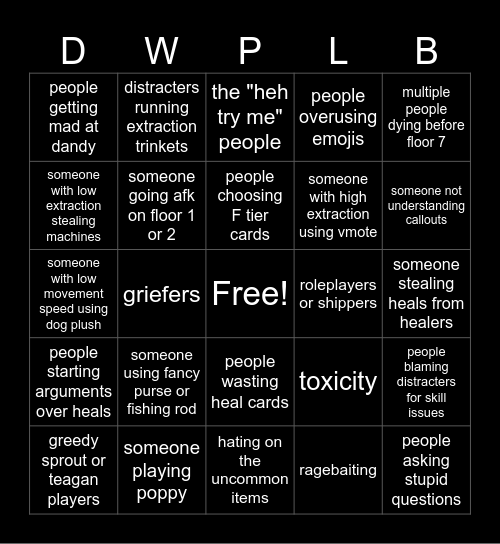 Dandy's World Public Lobby Bingo Card
