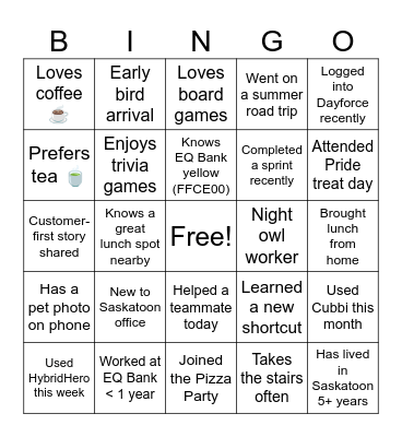 EQ Bank Saskatoon Team Bingo Card